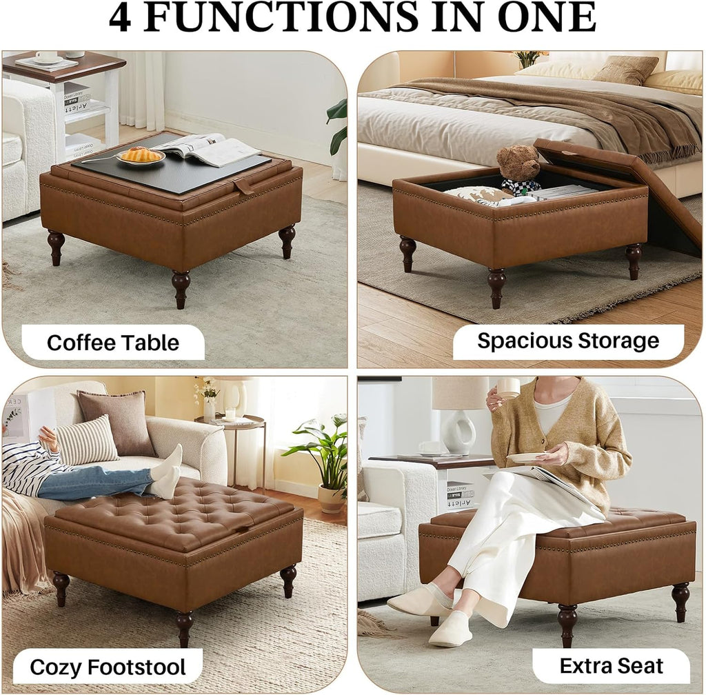 Square Ottoman Coffee Table, Large Leather Ottoman with Storage | Oversized Footstool, Anti-Slip Embedded Lid, Brass