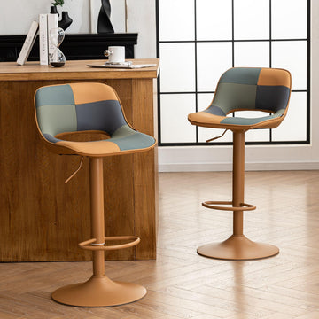 Bar Stools Set of 2, Boho Colorful Patchwork Barstools, Adjustable Swivel Counter Height Bar Stool Faux Leather