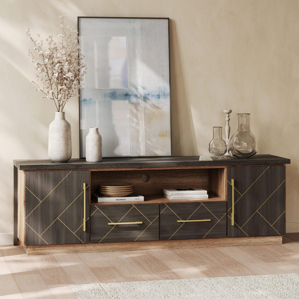 70 Inch Modern TV Stand with Gold Trim, Elegant Entertainment Center with Storage, Media Console Table with Drawers &