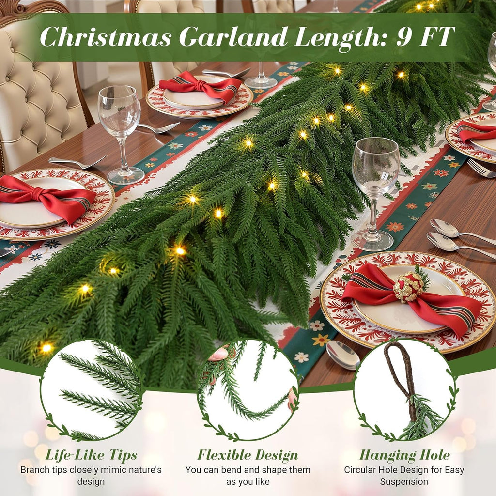 9FT Artificial Christmas Garland with Lights, Norfolk Pine Garland