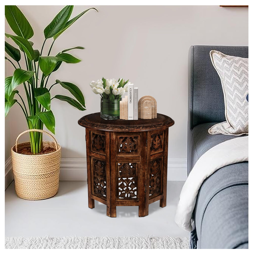 SideTable in Solid Wood With Hand Carving, End Table, Octangle Table 18x18
