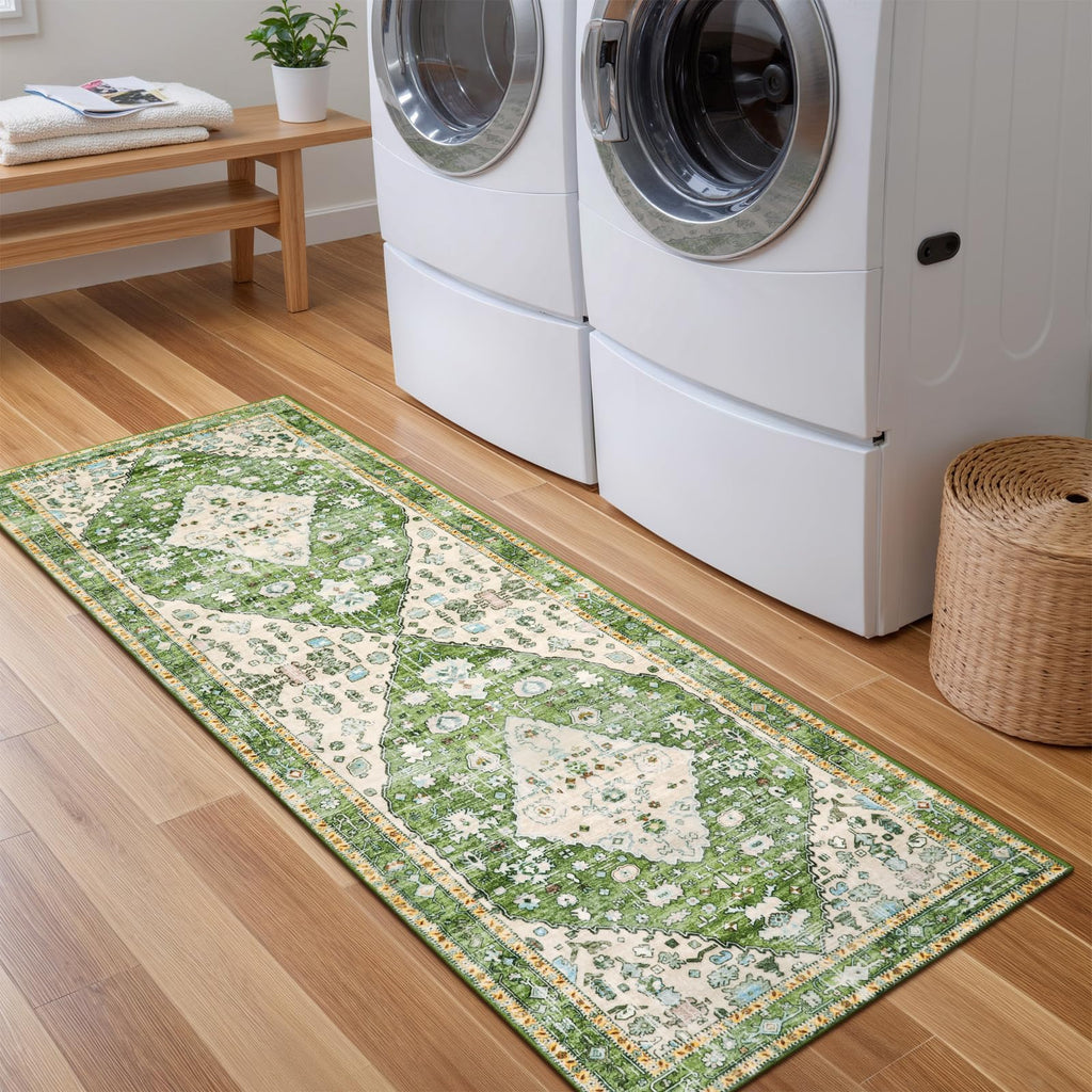 Felice Boho Runner Rugs 2x5 Green Kitchen Runner Rugs Non Skid Washable, Tribal Vintage Soft Machine Washable
