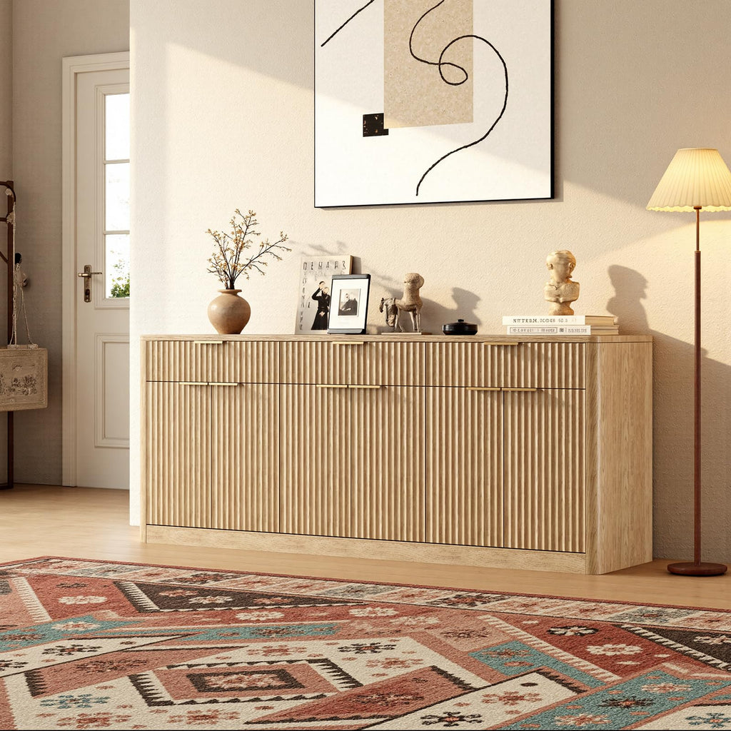67" Fluted Oak Sideboard Buffet Cabinet with 3 Drawers