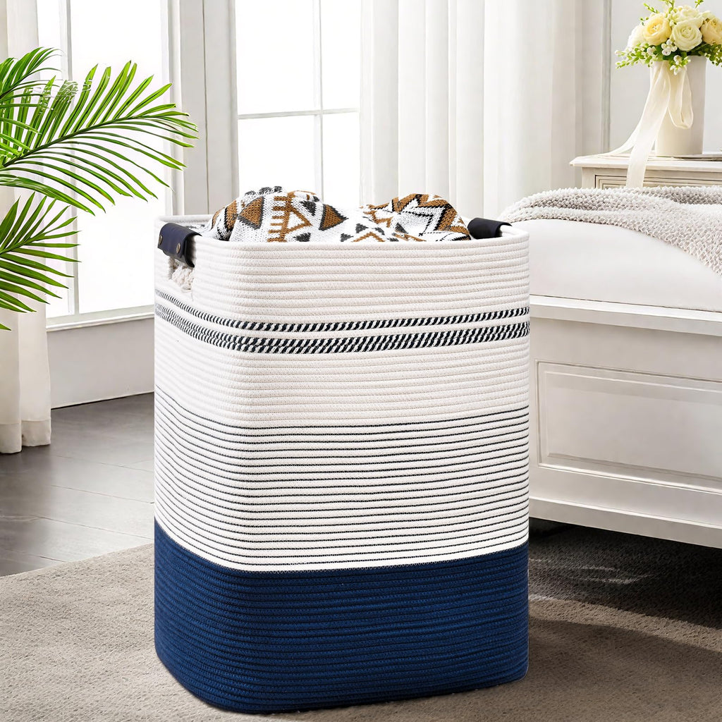 Laundry Hamper, 95L Tall Laundry Basket with Leather Handles, Rectangle Large Clothes Hamper for Organizing, Cotton
