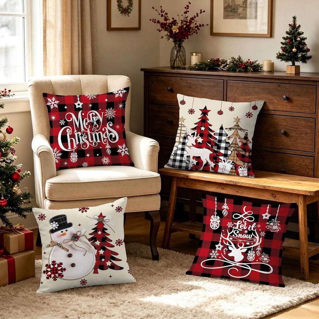 Farmhouse Christmas Throw Pillow Covers 18x18 Inches - Set of 4