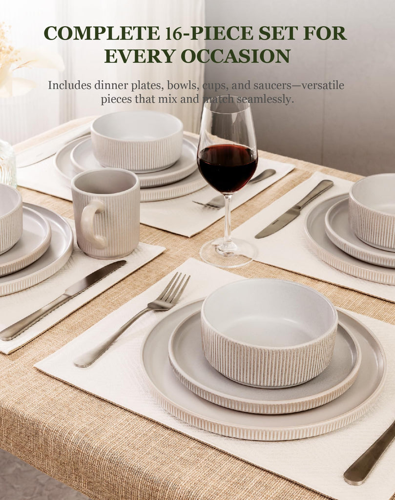 16-Piece Dinnerware Set for 4 with Mugs, Ribbed Stoneware Plates and Bowls Sets, Unique Handcrafted Reactive Glaze