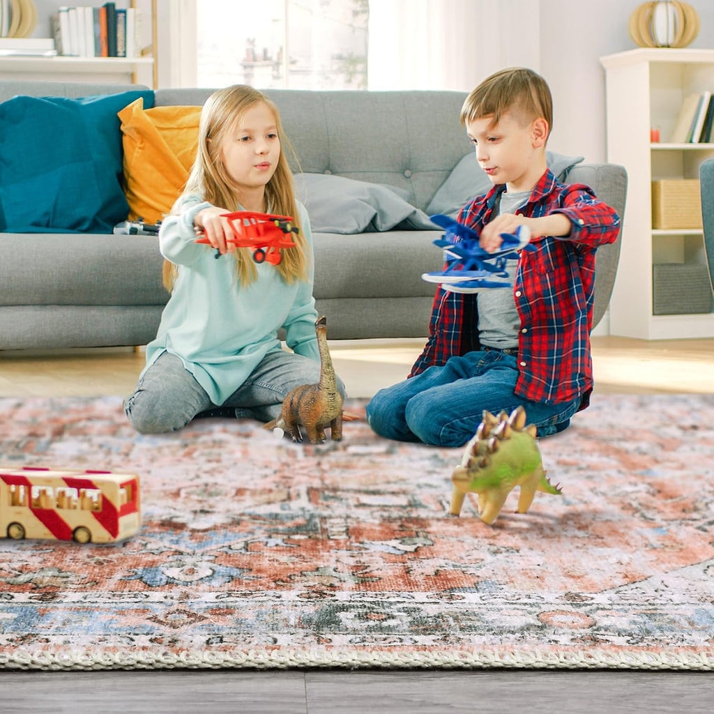 Machine Washable Area Rug 5x7 Vintage Distressed Area Rug Bedroom Traditional Medallion Floral Non-Slip Stain