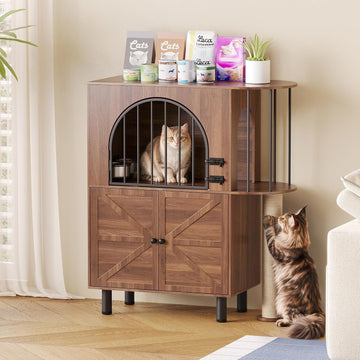 Dog Proof Cat Feeding Station with Scratching Post, Elevated Bowls (Walnut)