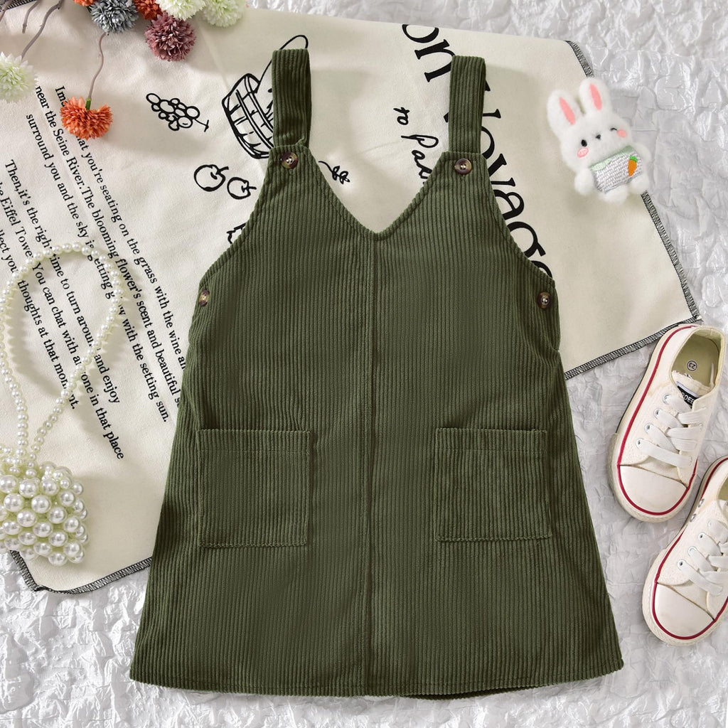 Toddler Little Girl V Neck Corduroy Pinafore Overall Jumper Dress Ruffle Short Sleeve T-Shirt Summer Clothes Set