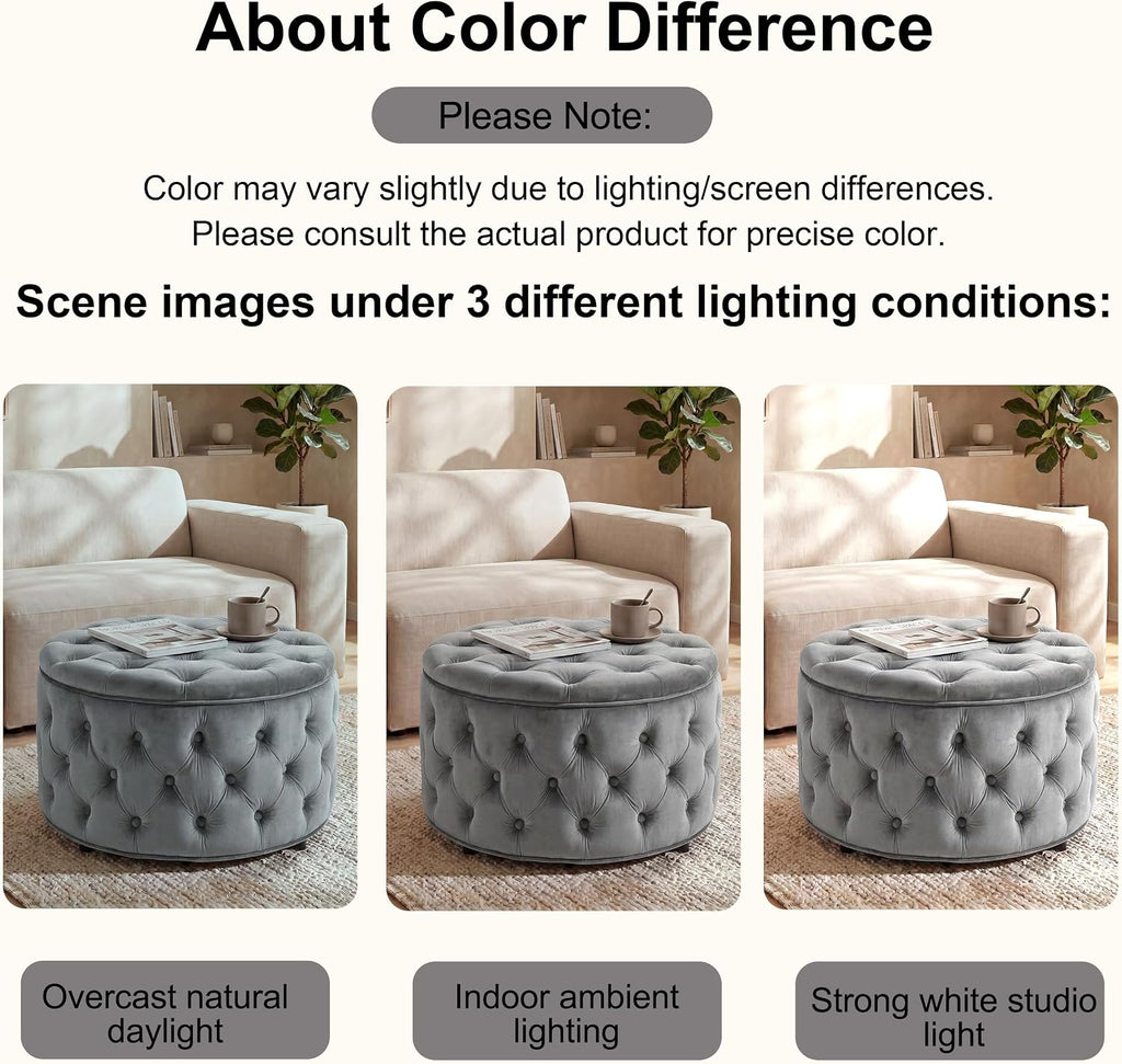 28 Inch Round Storage Ottoman, Velvet Button Tufted Ottoman, Removable Lid Coffee Table, Upholstered Hidden Storage