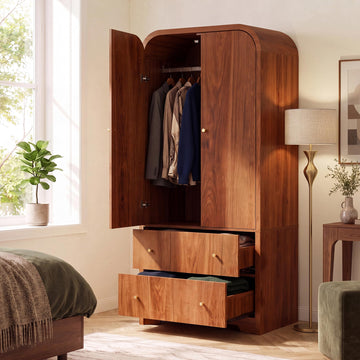 Arched Armoire Wardrobe Closet, 70" Wooden Wardrobe Cabinet with 2 Drawers, Hanging Rod, 2 Doors Clothing Storage