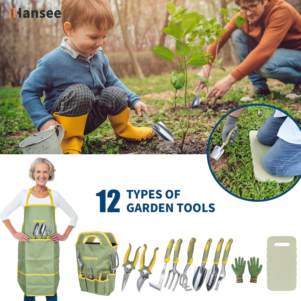 Green Garden Tools Set 12-Piece, Gardening Gifts for Women Men