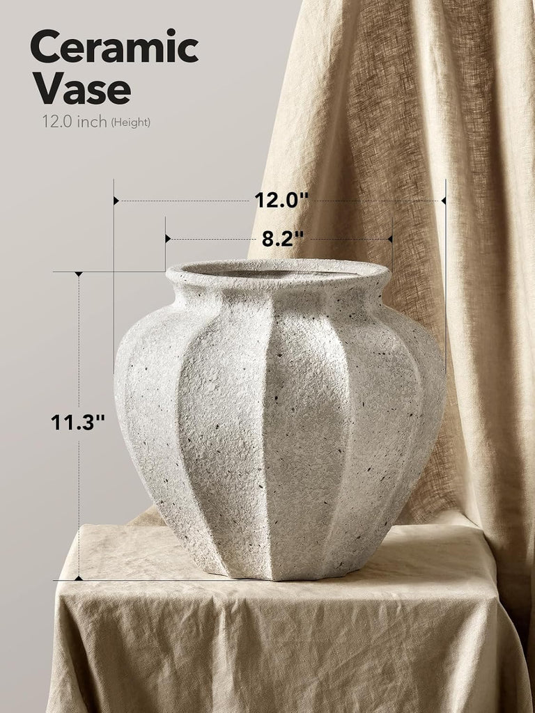 11.3" Ceramic Vase, Artisan Large White Ceramic Vase for Modern Farmhouse Home Decor, Substantial & Stable Flower