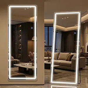 Led Full Length Mirror with Light, 58"X18" Lighted Full Body Mirror with Stand, Dimmable & 3 Color Lighting