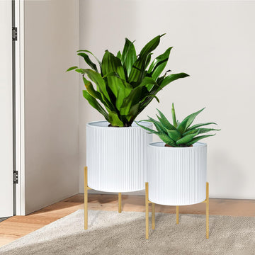 Modern Plant Pots, Set of 2 Round Large Planters with Stand, Large Size Metal Pots with Drainage Holes, Garden or