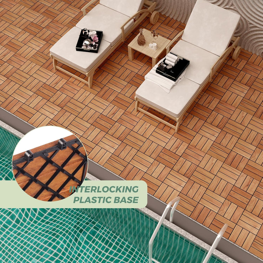 Teak Deck Tiles (Pack of 9) Hardwood Interlocking Patio Deck Tiles, Teak Wood Deck Tiles Interlocking Outdoor, Patio