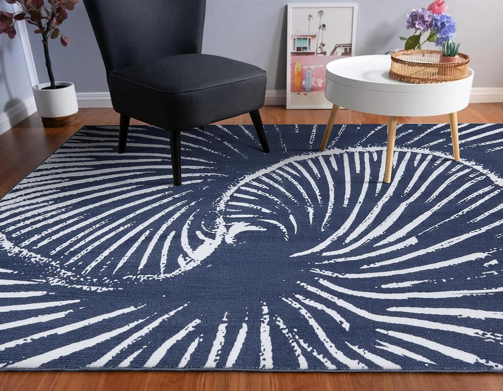 Modern Contemporary Area Rugs Navy Blue Washable, Ultra Thin Abstract Swirl Stripes Ocean Wave Minimalist Indoor