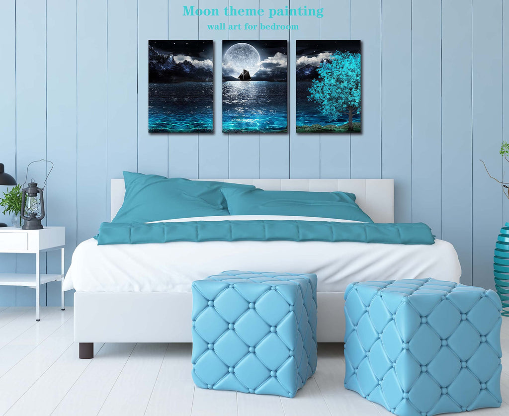 Moon Wall-Art - Teal Wall Art - Ocean Tree Home Wall Decor 3 Pieces Framed Canvas Art 16x24 Inches