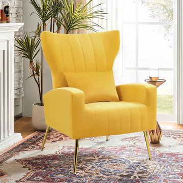 Modern Velvet Accent Chair with Arm & Wingback, Living Room Bedroom Side Chair with Gold Metal Legs & Lumbar Pillow
