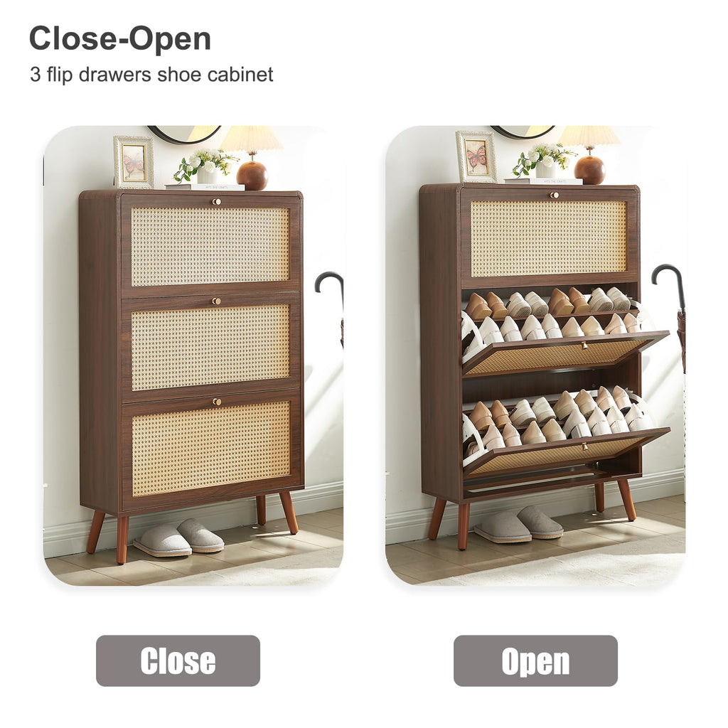 Rattan Shoe Cabinet with 3 Flip Drawers, Walnut Slim Shoe Storage