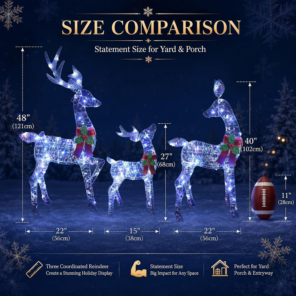 3-Piece 48'' 2.5D Lighted Christmas Deer Family Set, Outdoor Yard Reindeer Decoration with 145 Cool White LEDs