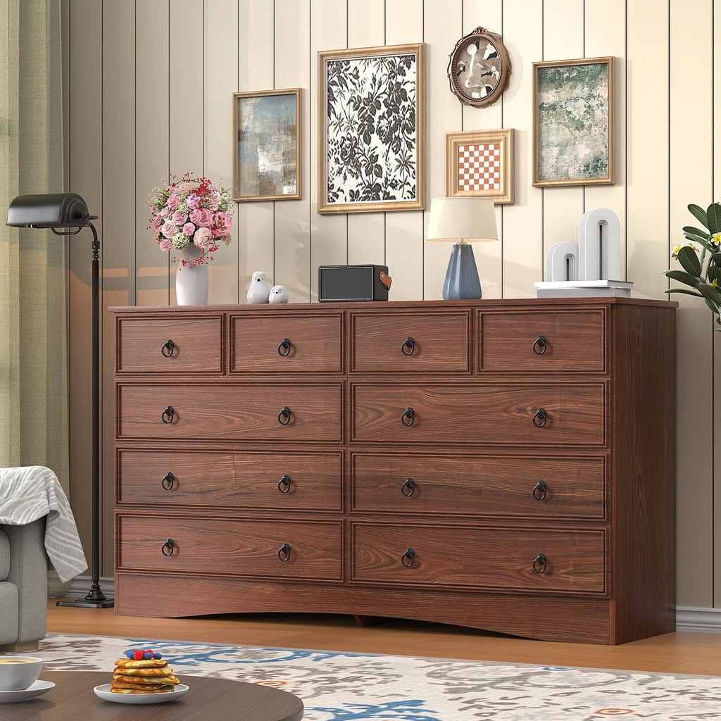 With 10 Drawers, Large Chest of Drawers Storage Organizer, Long Storage TV Stand Cherry Wood