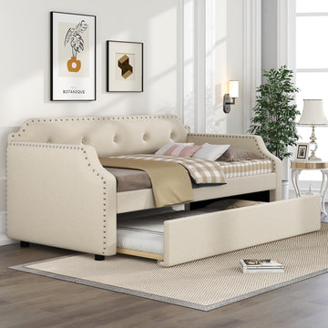Twin Size Daybed with Trundle, Upholstered DayBed and A Trundle, Modern Tufted Sofa Bed Linen Fabric Daybed, Solid