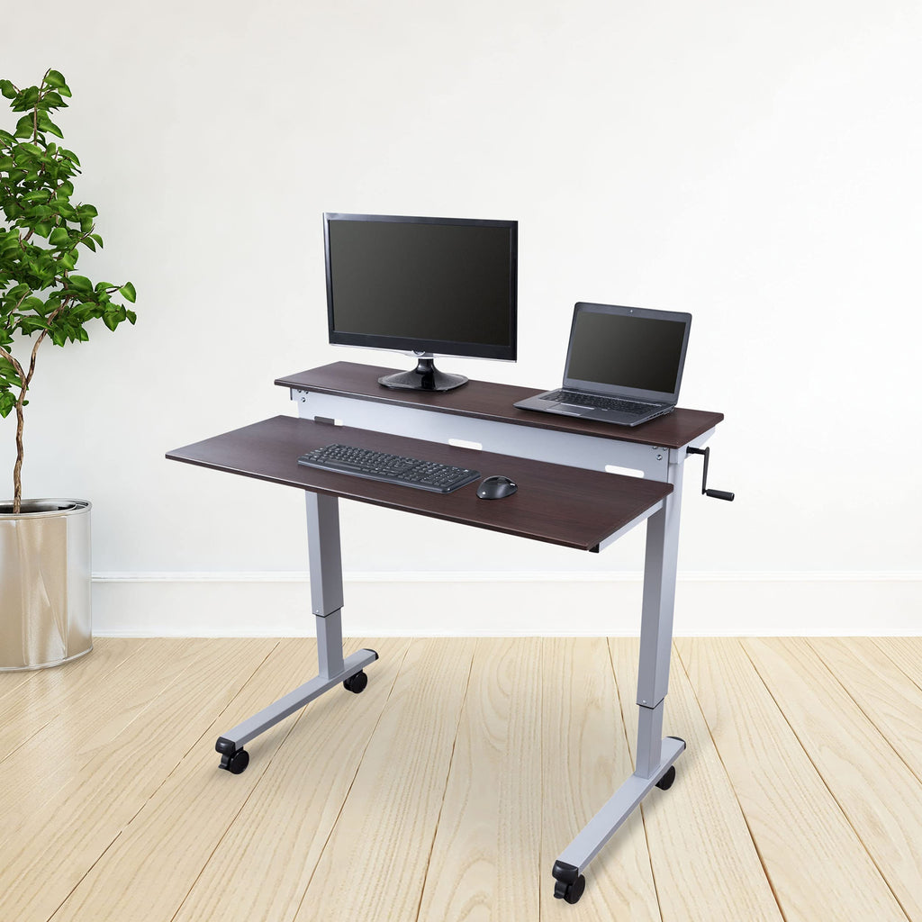 Crank Adjustable Tier Standing Desk with Heavy Duty Steel Frame (Silver Frame/Dark Walnut Top, 48in Wide)