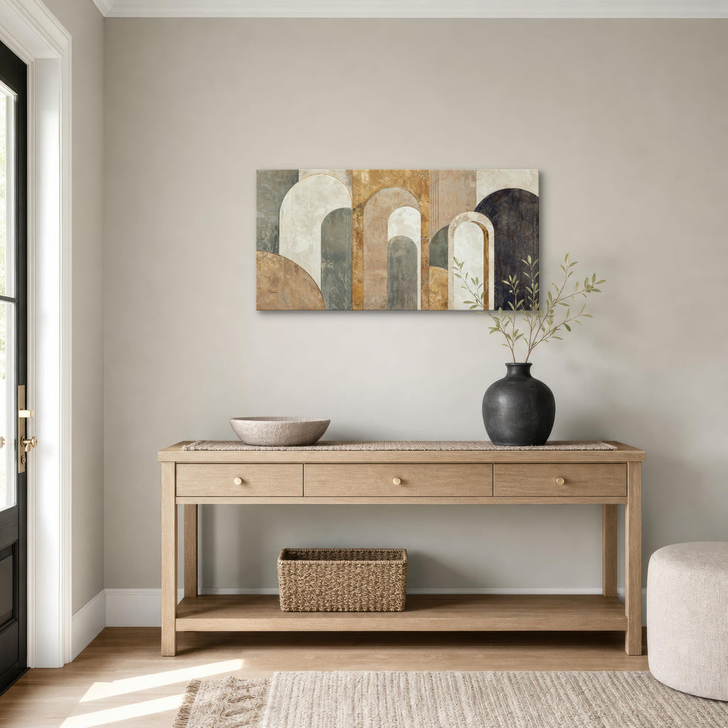 Neutral Abstract Canvas Wall Art, 40 x 20 Inch Geometric Arch Print in Beige, Sage and Muted Gold Tones, Horizontal