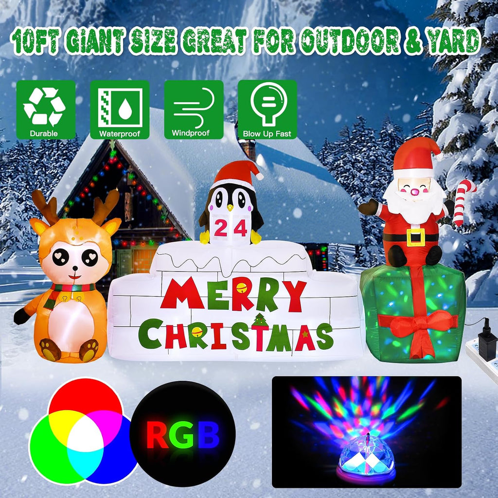 10 Ft Christmas Inflatables Outdoor Decorations Countdown Xmas Blow Up Yard Decorations, Reindeer Santa Inflatables