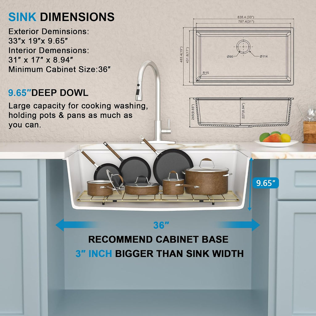33"x19" Granite Composite Kitchen Sink - Undermount White Granite Quartz Composite Classic Ledge Workstation Under