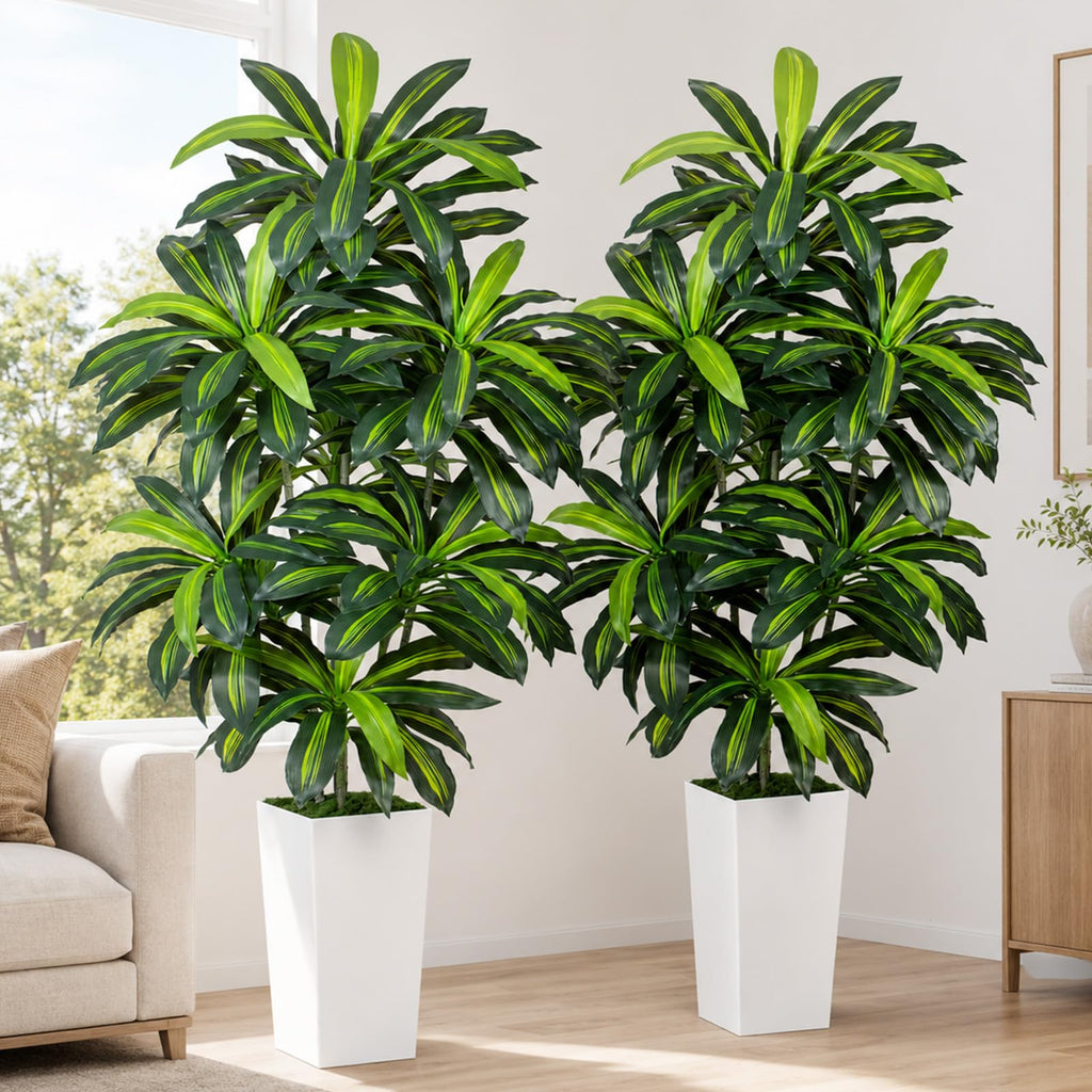 7FT Artificial Dracaena Tree - High-Density Foliage Fake Plant with White Tall Planter - Faux Yucca Floor Plant Decor