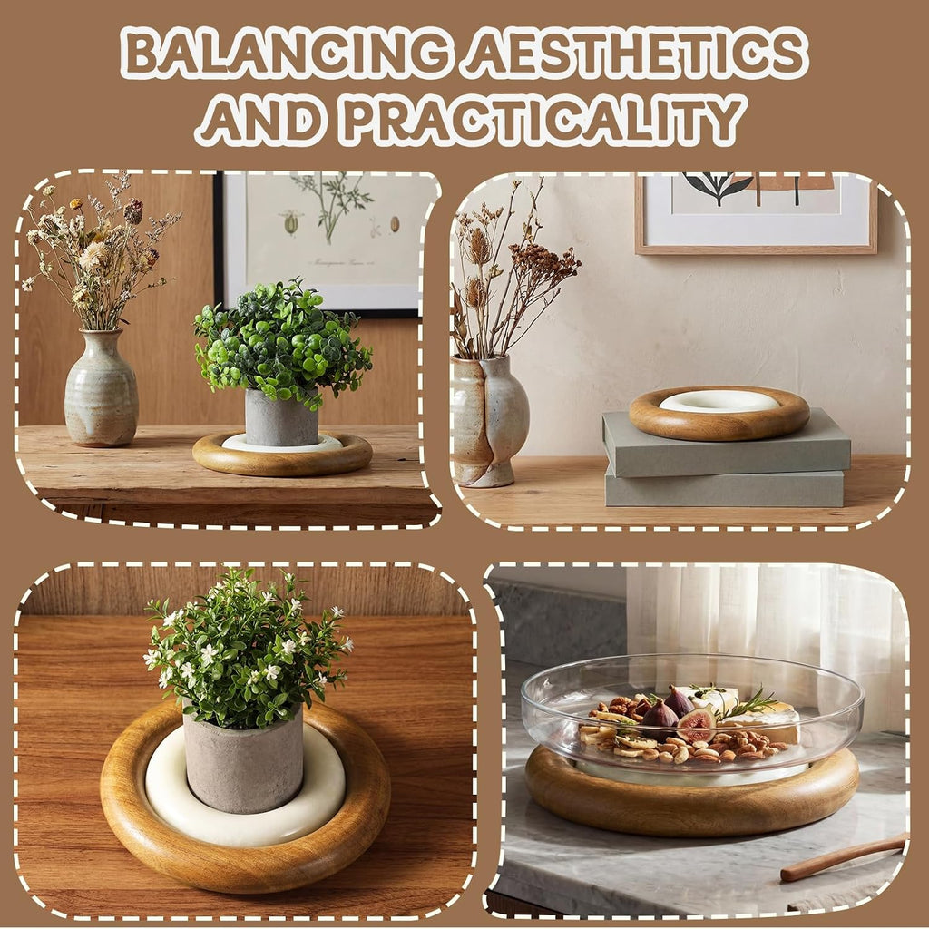 Wood and Marble Trivets, 5.5 Inch Natural Marble Trivet and 8 Inch Wooden Trivets Pot Holder for Hot Dishes - Set of 2