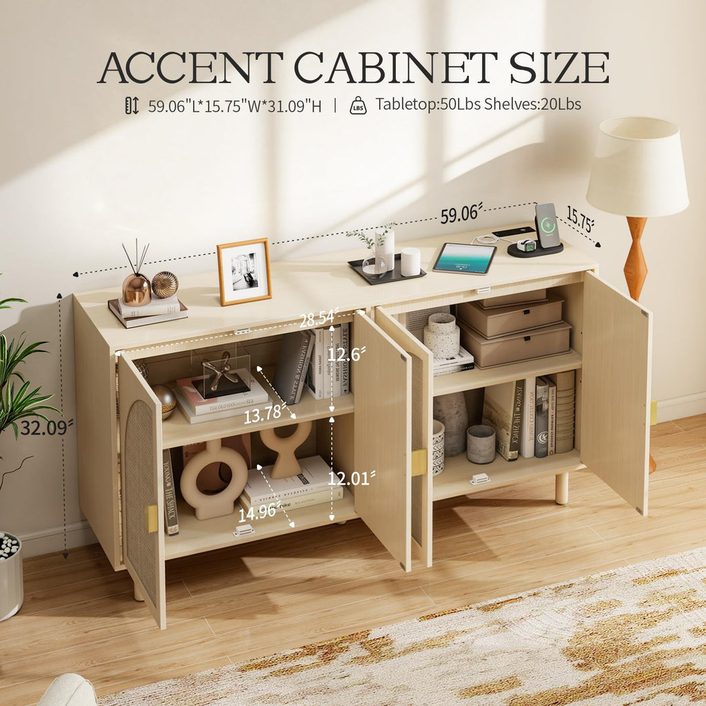 Rattan 4 Door Accent Sideboard Cabinet, Storage Buffet with Adjustable Shelves & Solid Wood Legs, Credenza with