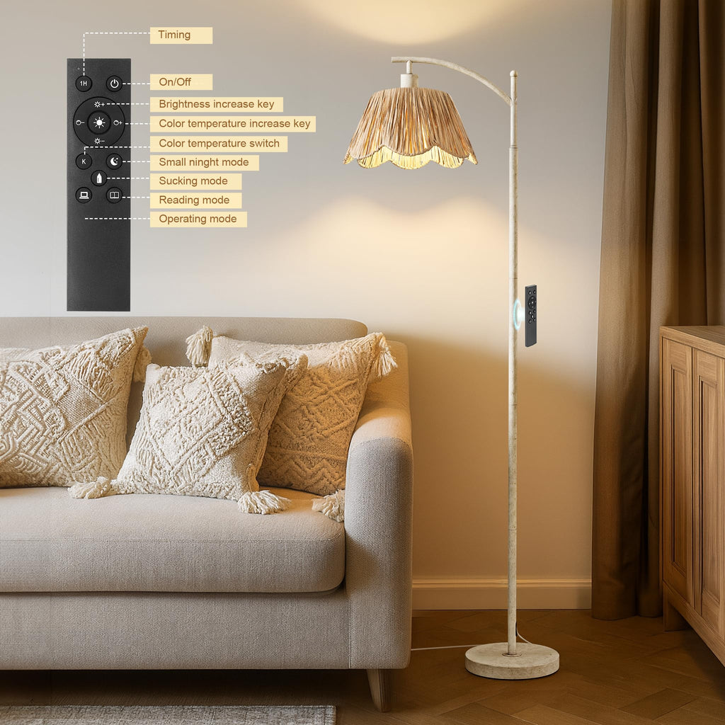 Rattan Floor Lamp with 3 Color Temperatures, Boho Floor Lamp with Remote & Dimmable Bulb, Farmhouse Standing Lamp for