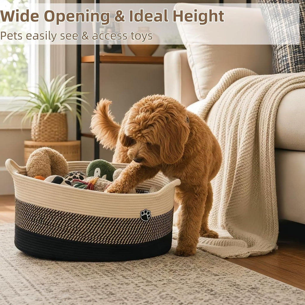40L Extra Larg Dog Toy Basket, Woven Rope Storage Basket, Black-Brown