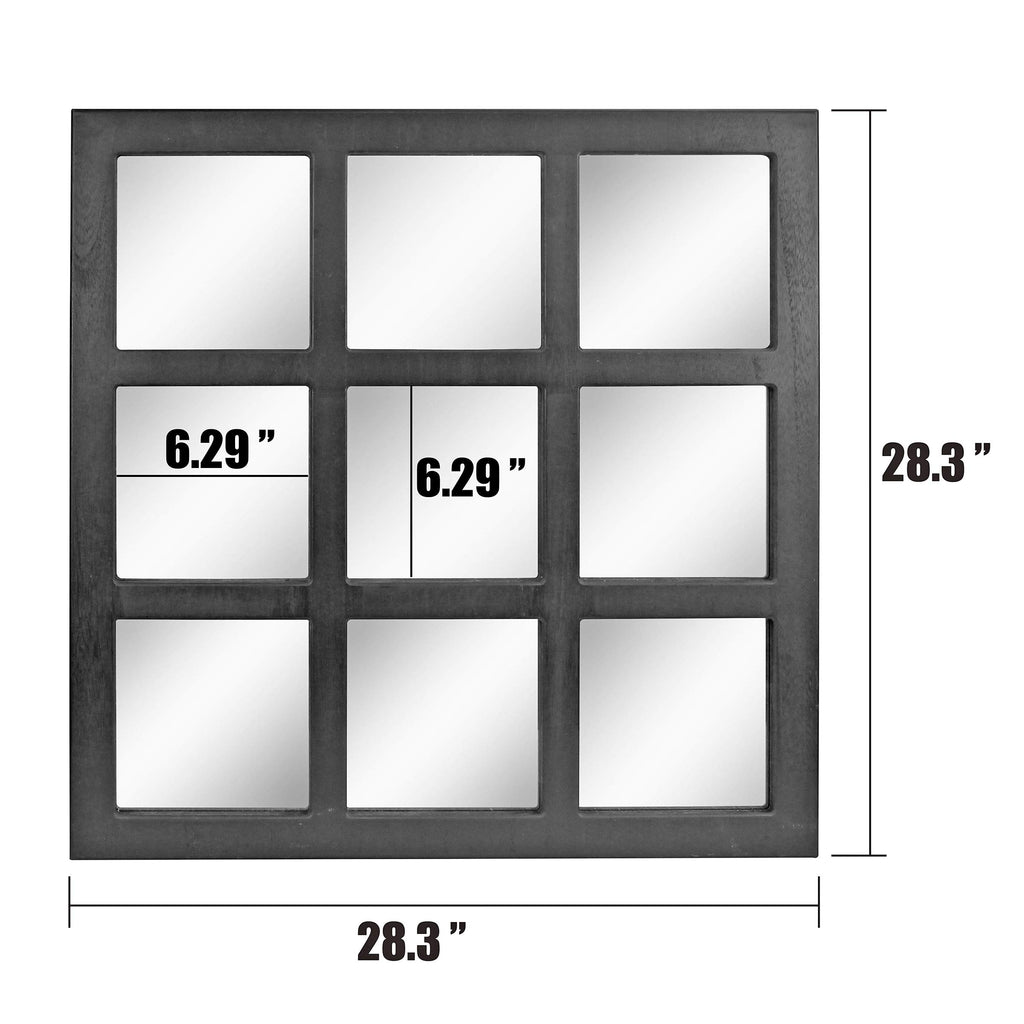 23.5" x 23.5" Square Black 9 Window Pane Hanging Wall Mirror with Attached Mounting Brackets, Decorative Rustic Decor