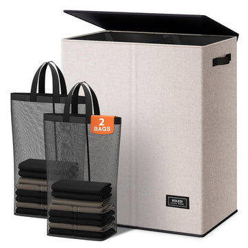 Large Double Laundry Hamper with Lid, Collapsible Clothes Hamper 2 section with Removable Bags, Space-Saving Laundry