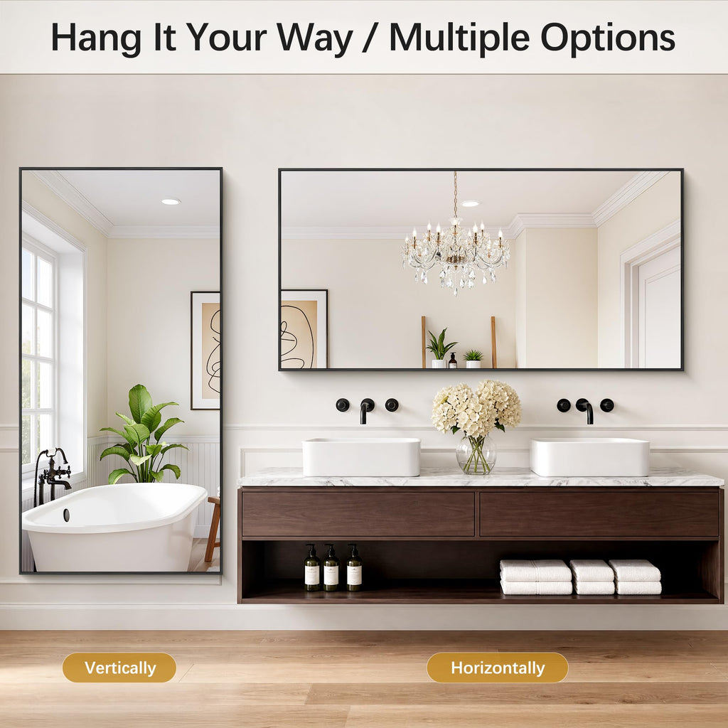 Black Bathroom Mirror for Wall, 30x60 Inch Rectangle Mirrors with Metal Frame, Modern Vanity Wall Mirror Decor Hangs