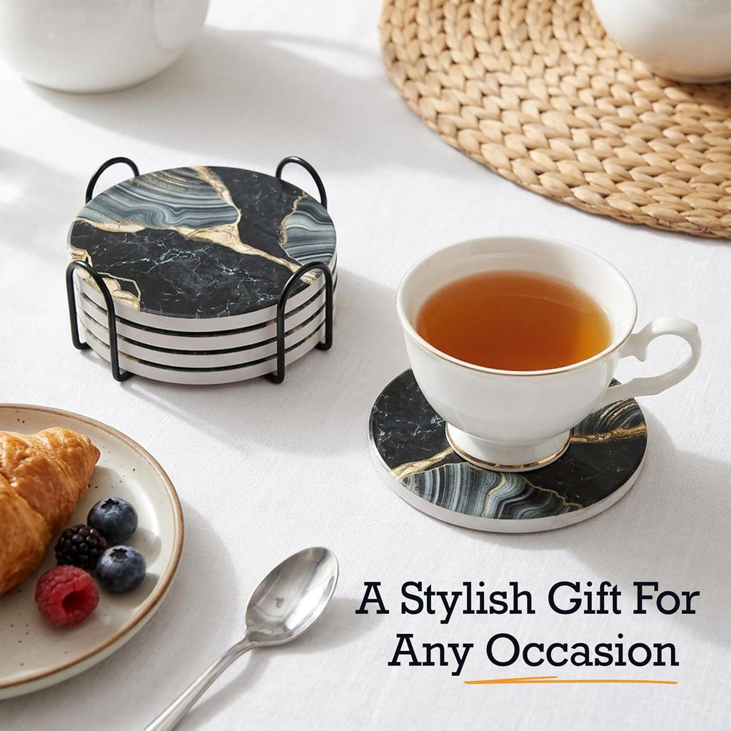 Elegant Black & Gold Marble Ceramic Coasters with Gold Metal Holder - Round Drink Coasters for Coffee - Set of 6