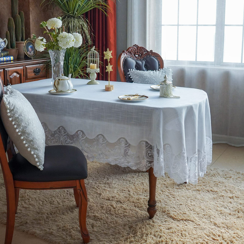 White Lace Oval Tablecloth Macrame Embroidered Modern 60 x 104 Inch