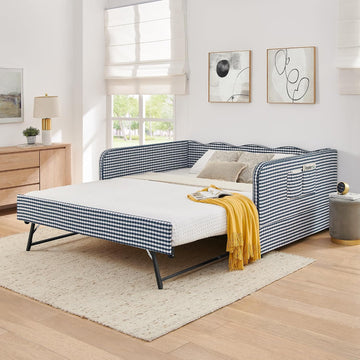 Full Size Upholstered Gingham Daybed with Trundle, Full to King Design Adorable Wave Shaped Extendable Sofa Bed, Easy