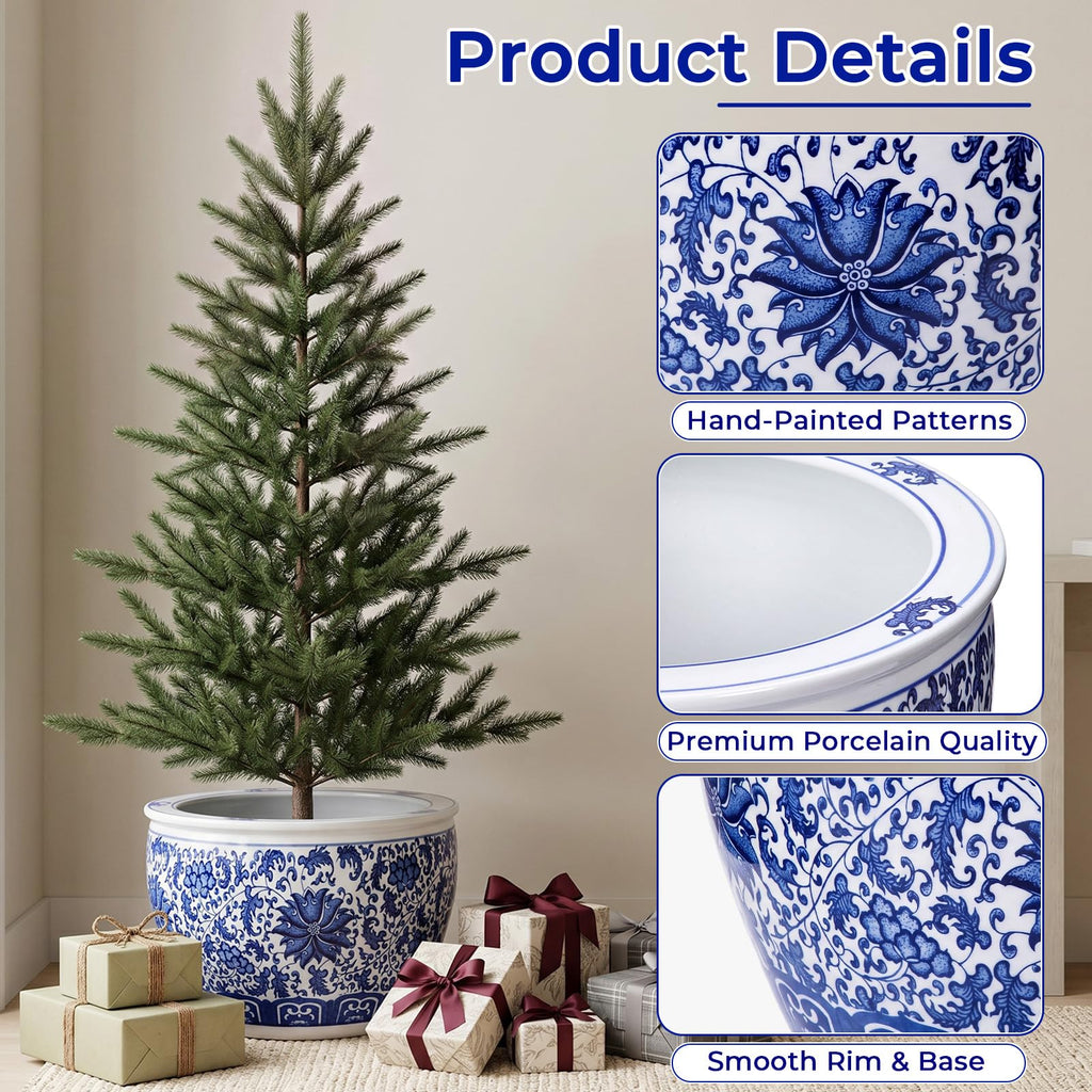 12'' Blue and White Fishbowl Planter Chinoiserie Planter, Lotus
