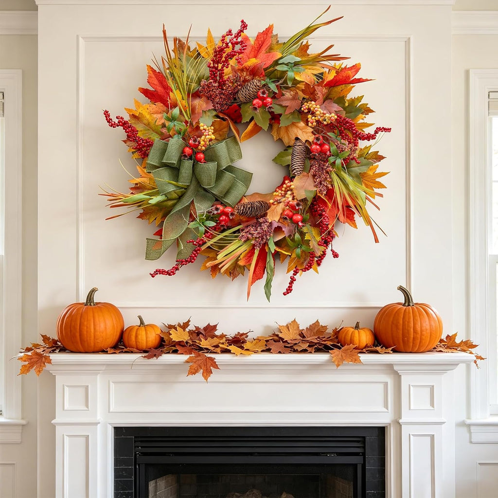 24 Inch Artificial Silk Harvest Fall Wreaths for Front Door with Green Bow
