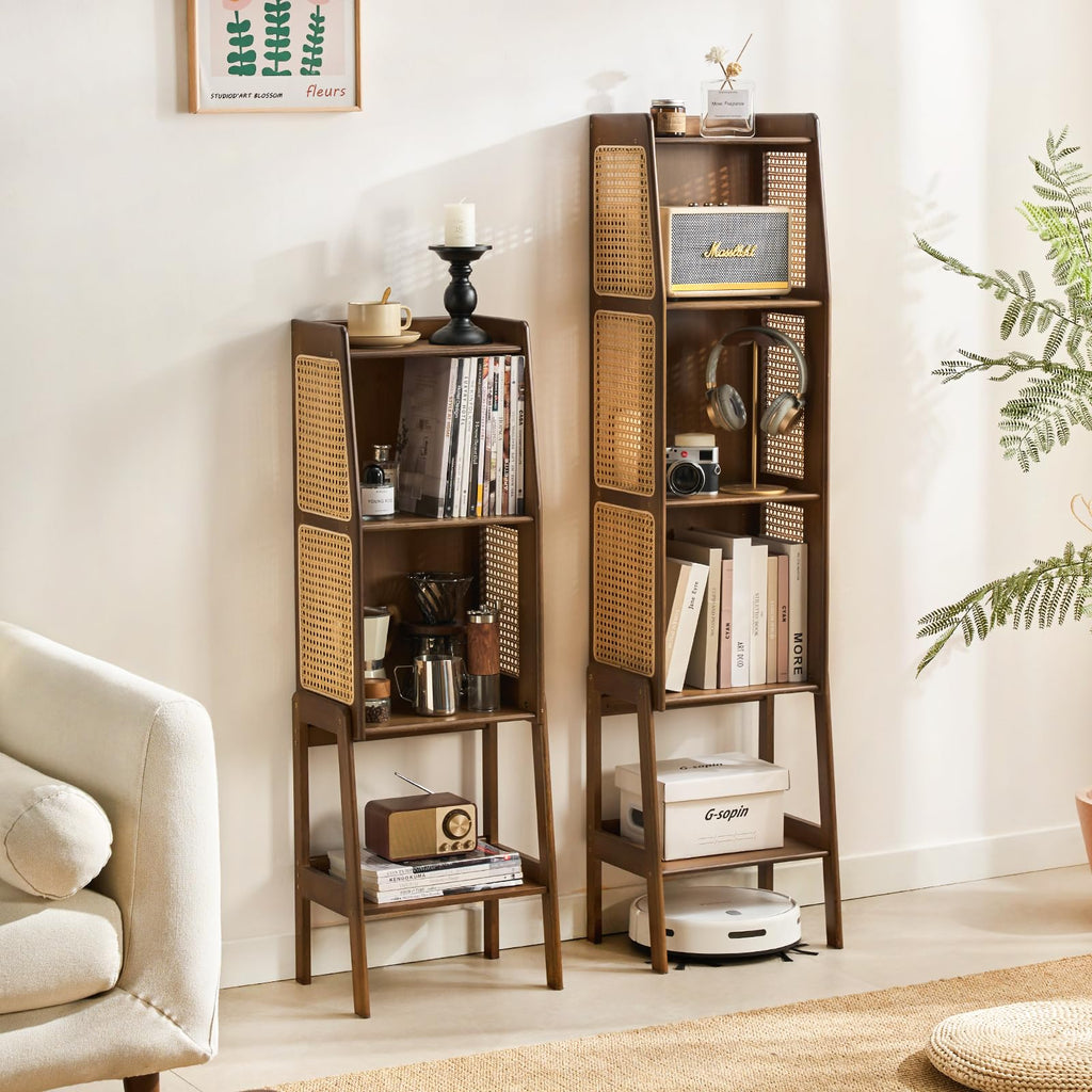 Bamboo Rattan Bookcase with Cabinet, 4-Tier Wicker Bookshelf, Walnut