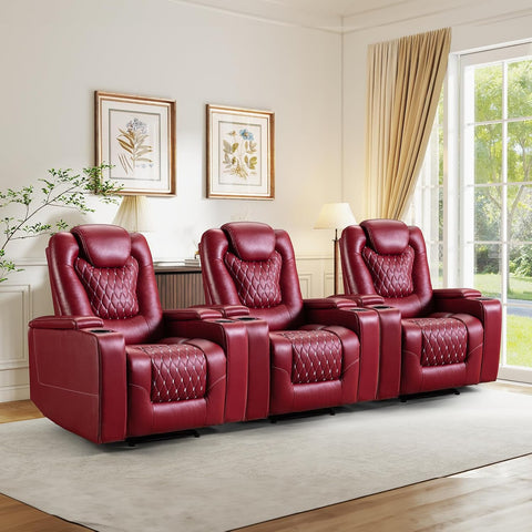 Power Recliner Chair Set of 3, Electric Soft Leather Reclining Home Theater Seating - USB Ports, Cup Holders, Hidden Arm Storage Movie & Media Room Chairs (Red) A120-B0BMG4C95C