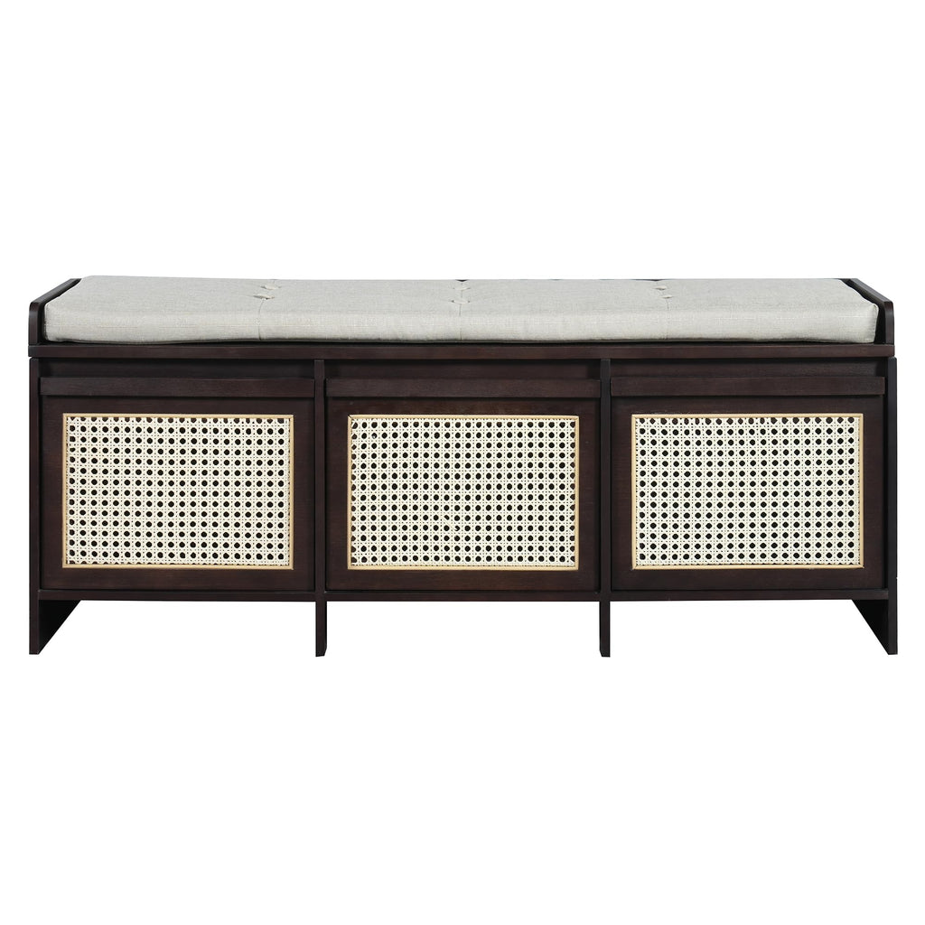 48" Shoe Storage Bench with Cushion, 2-Tier Entryway Bench with 3 Rattan Storage Drawers & Lift Top Storage, Retro