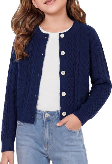 Cardigan Long Sleeve Chunky Cable Knit Cardigan for Girls Button Front Uniform School Sweater
