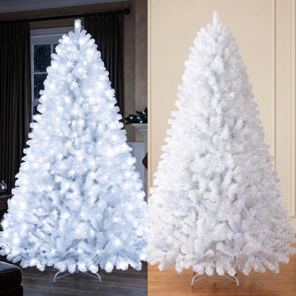 6ft White Prelit Christmas Tree with 300 LED White Lights, 726 Dense Branch Tips, Versatile Holiday Tree for