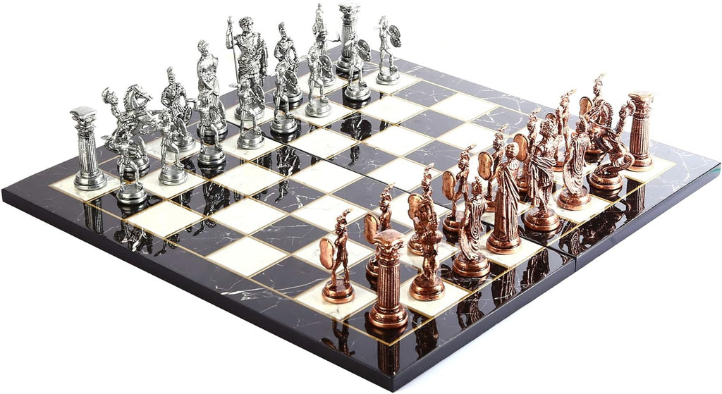 Historical Antique Copper Rome Figures Metal Chess Set for Adults, Handmade Pieces and Marble Design Wood Chess Board